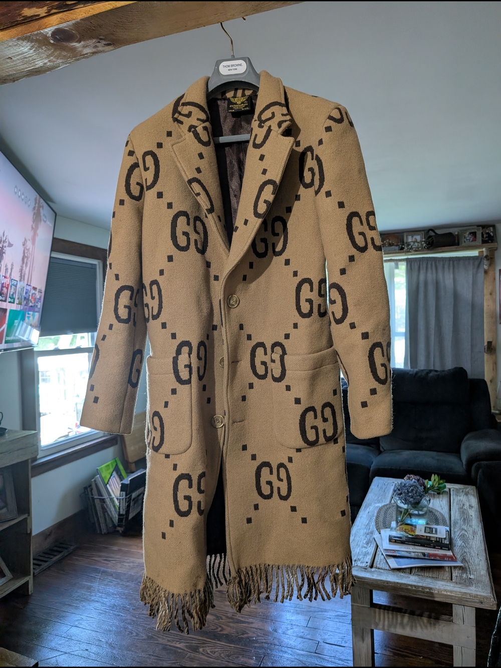 GG-Patterned Tan Wool Blend Overcoat - Designer Style